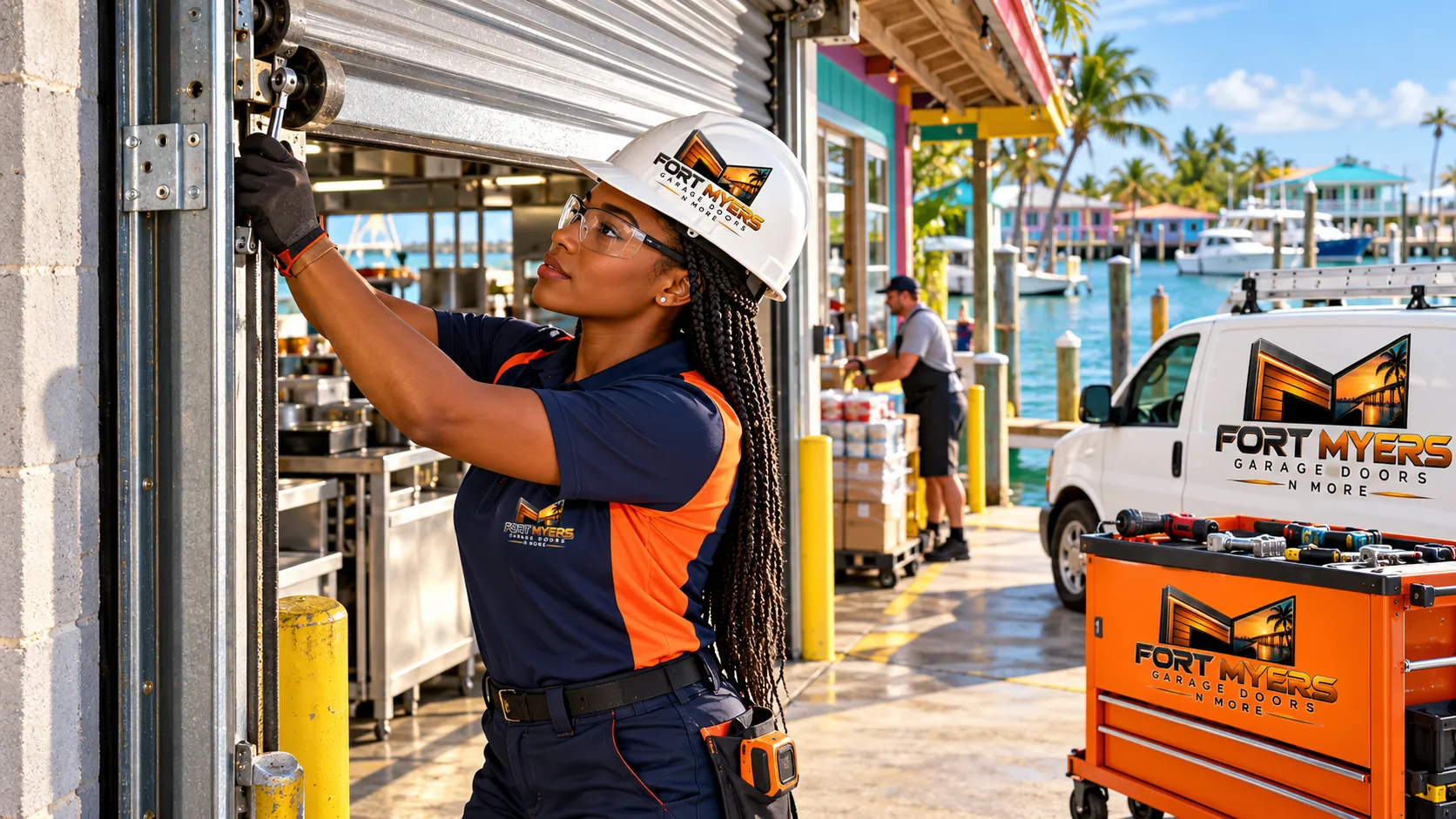 A technician in a hard hat works on a steel roll-up door at a restaurant kitchen, with a marina and boats behind the building