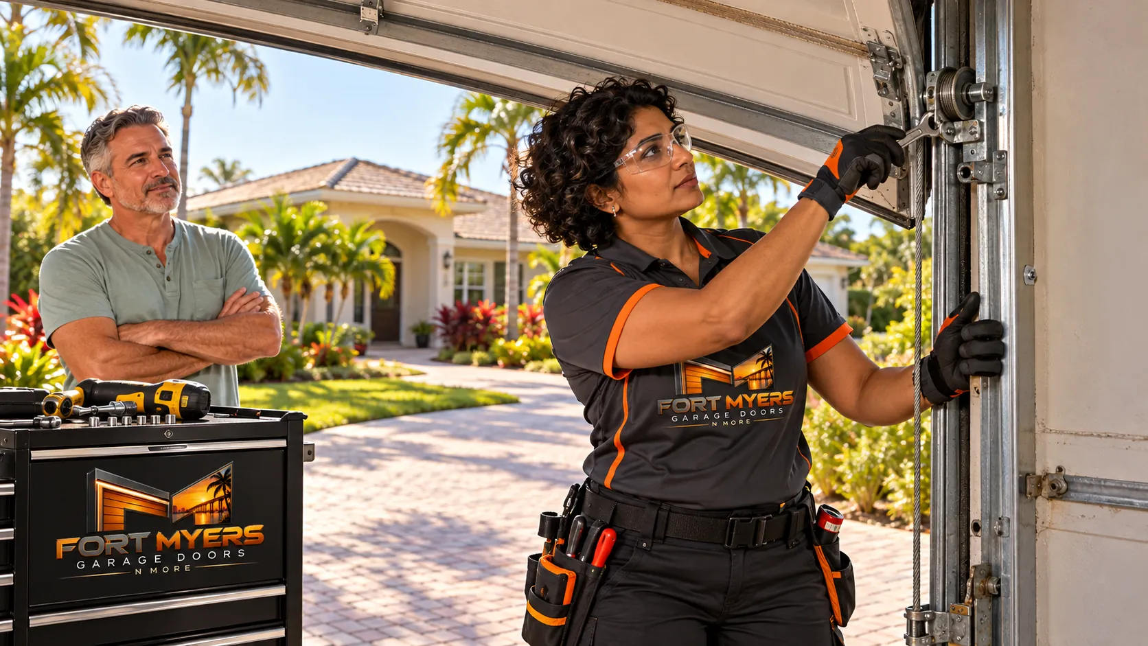 A technician adjusting the cable drum at the top of an open garage door while the homeowner watches