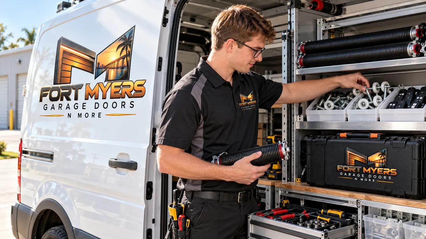 A technician taking a torsion spring off the shelves of a work van stocked with rollers and remotes