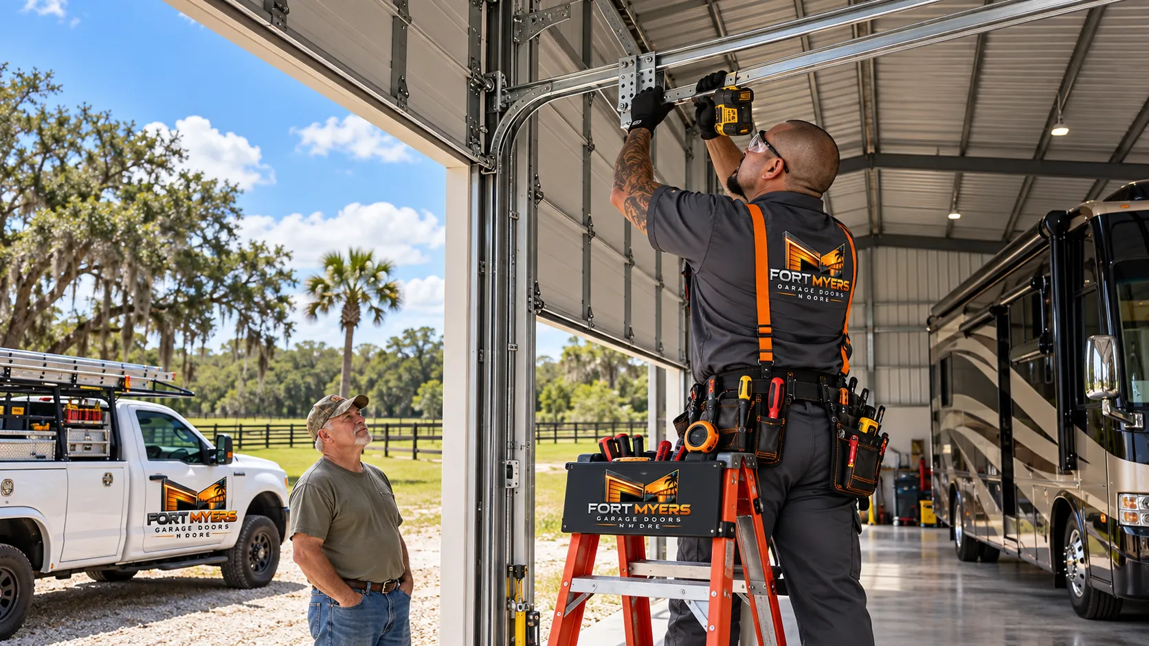 A technician on a ladder adjusts the track of a tall door in a metal building with a motorhome parked inside; a white pickup, oaks with Spanish moss and pasture outside