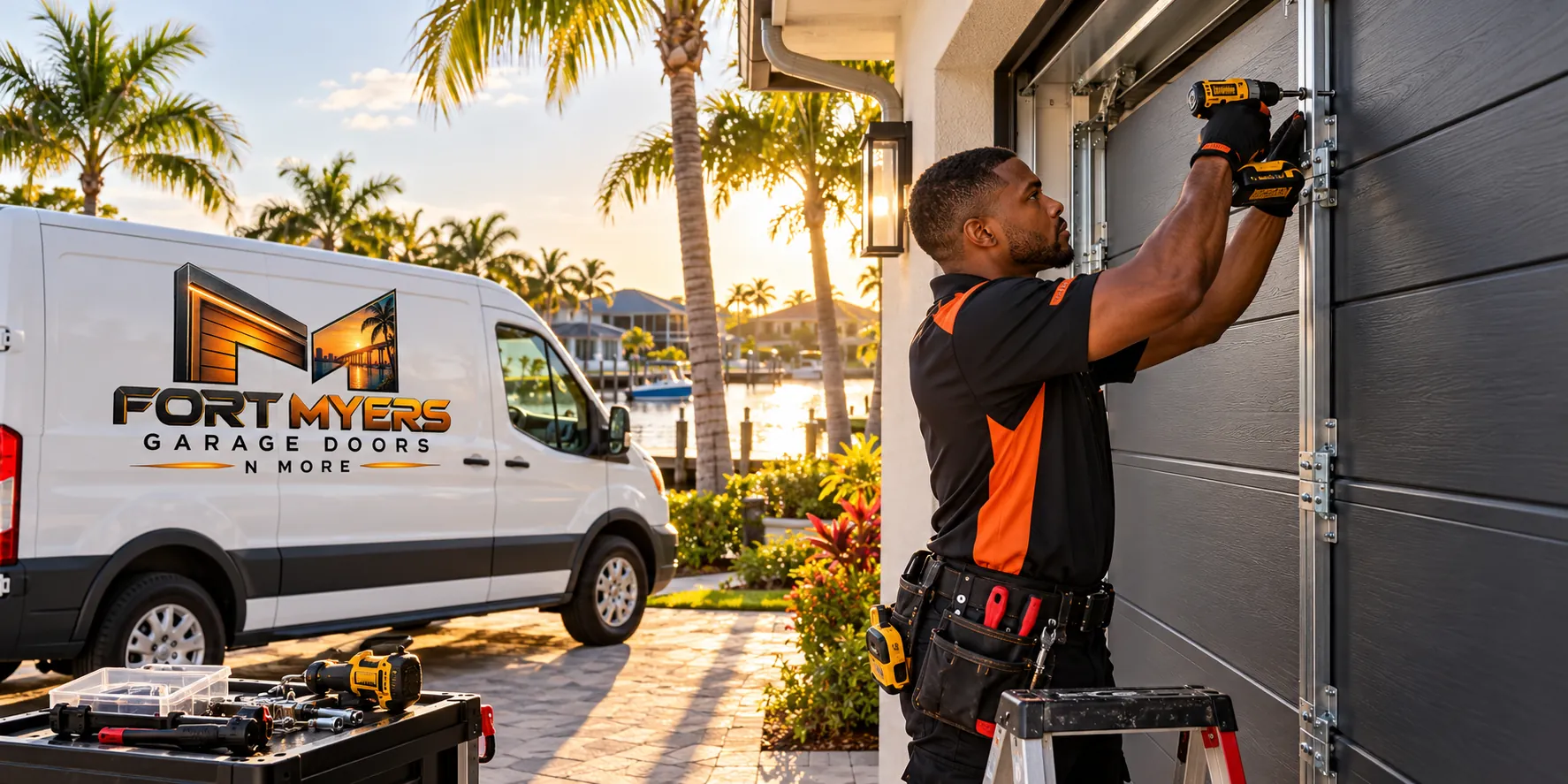 A technician on a ladder bolts a bracket onto a charcoal-gray sectional garage door; a white van with the Fort Myers Garage Doors N More logo, palm trees, a canal and boats at sunset