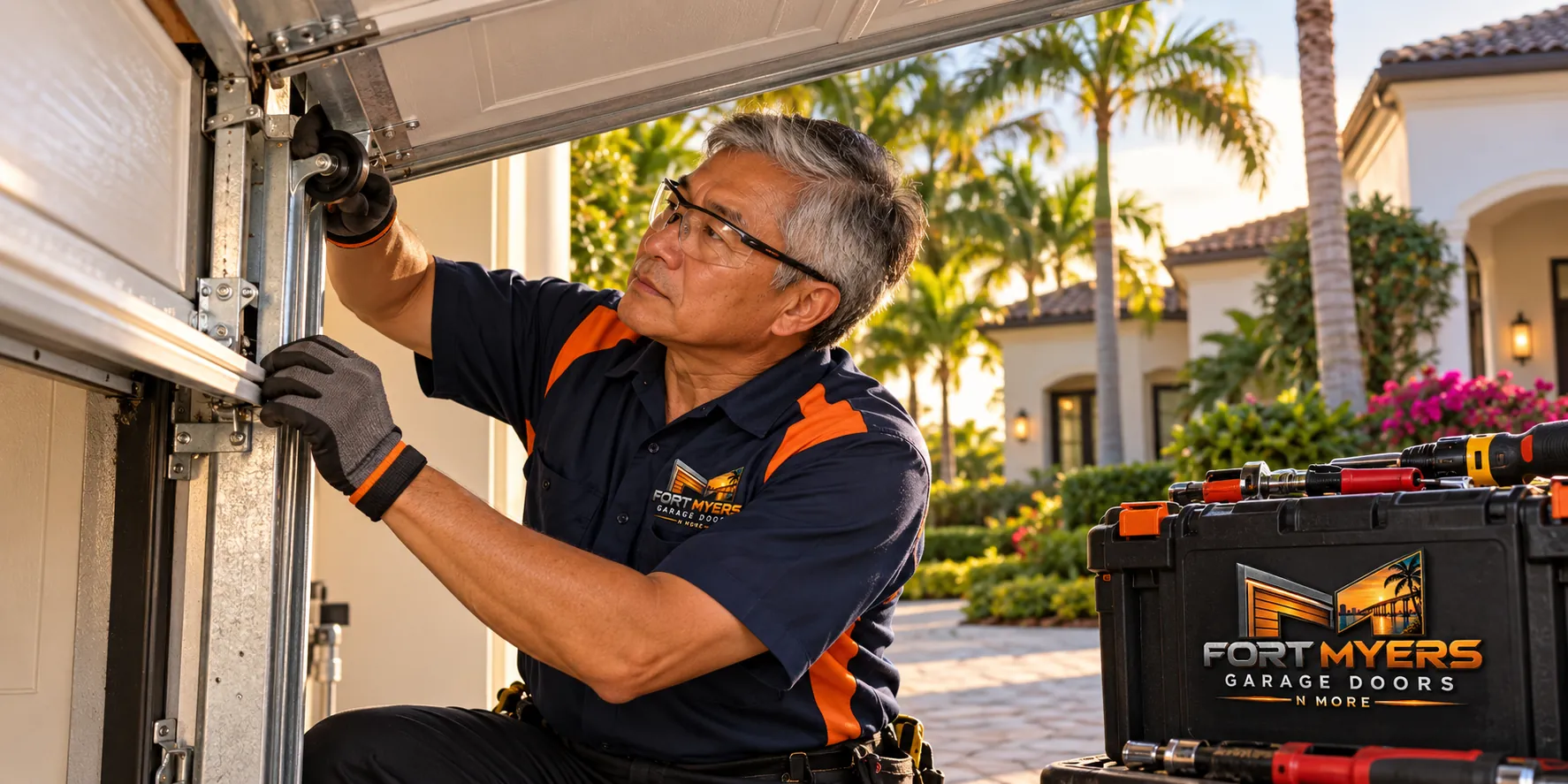 A technician in safety glasses adjusting a roller on the side track of a garage door
